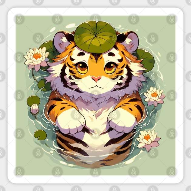 Kawaii Anime Tiger Bath With Water Lily Sticker by TomFrontierArt